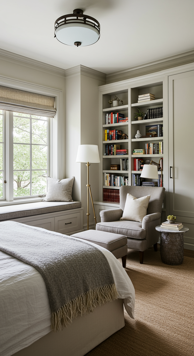 Slaapkamer met grote ingebouwde boekenkast en comfortabele leeshoek bij het raam.