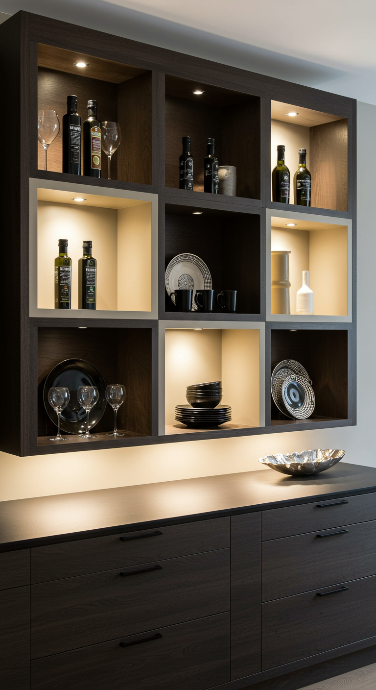 Donkere houten wandkast met open vakken en geïntegreerde LED-verlichting, met servies en decoratie.