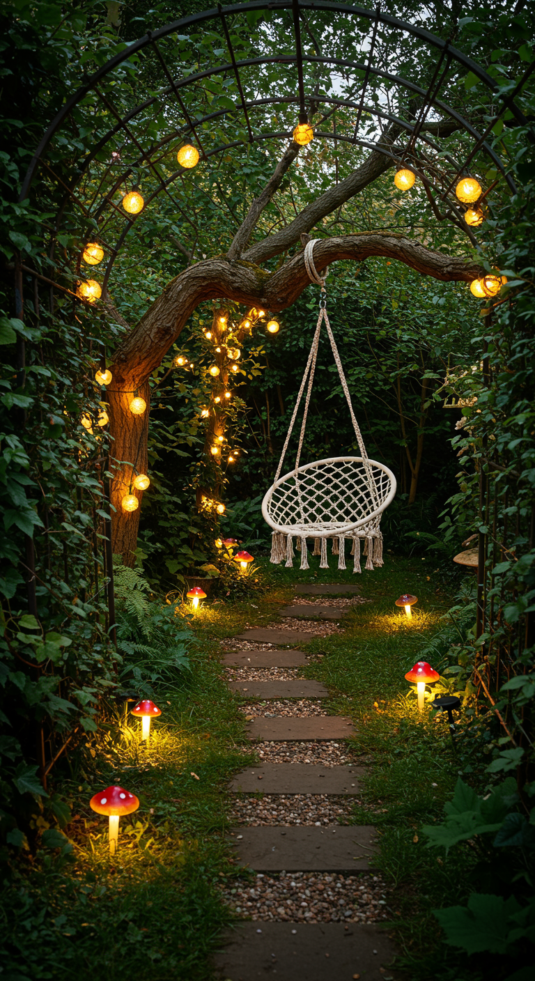 Macramé hangstoel onder een met lichtjes versierde boog in een sprookjesachtige, groene tuin.