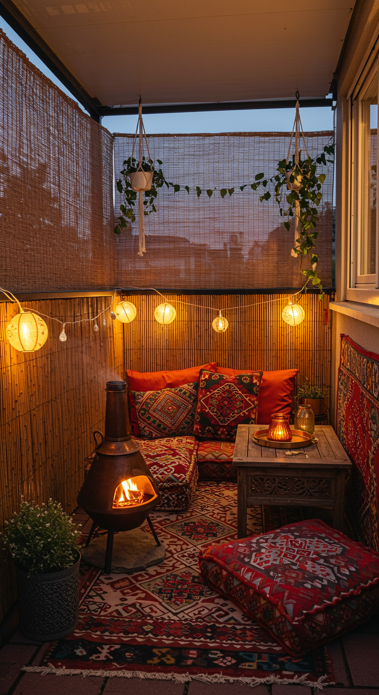 Knus balkon met chiminea, bamboematten, kleurrijke kleden, kussens en lampionnen.