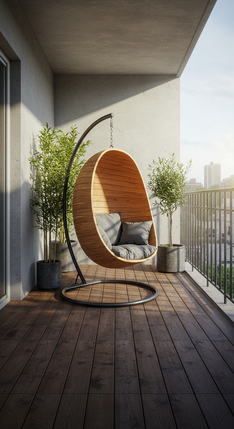 Moderne houten eivormige hangstoel op een strak balkon.