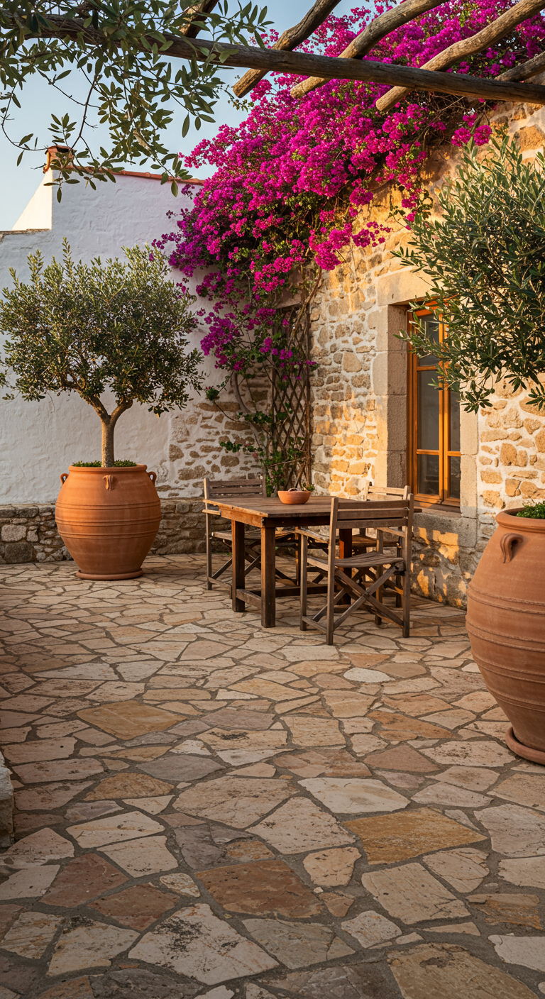 Terras met natuurstenen vloer, stenen muur, grote terracotta potten en bloeiende bougainvillea.
