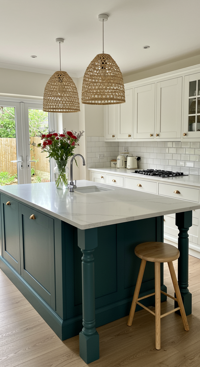 Witte keuken met een donkerblauwgroen kookeiland, rieten lampenkappen en een houten kruk.