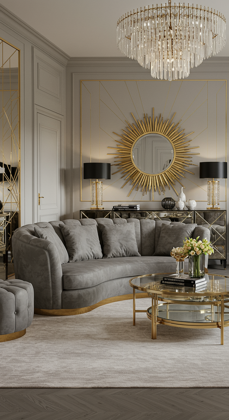 Luxe grijze woonkamer met gouden accenten en Art Deco spiegel.