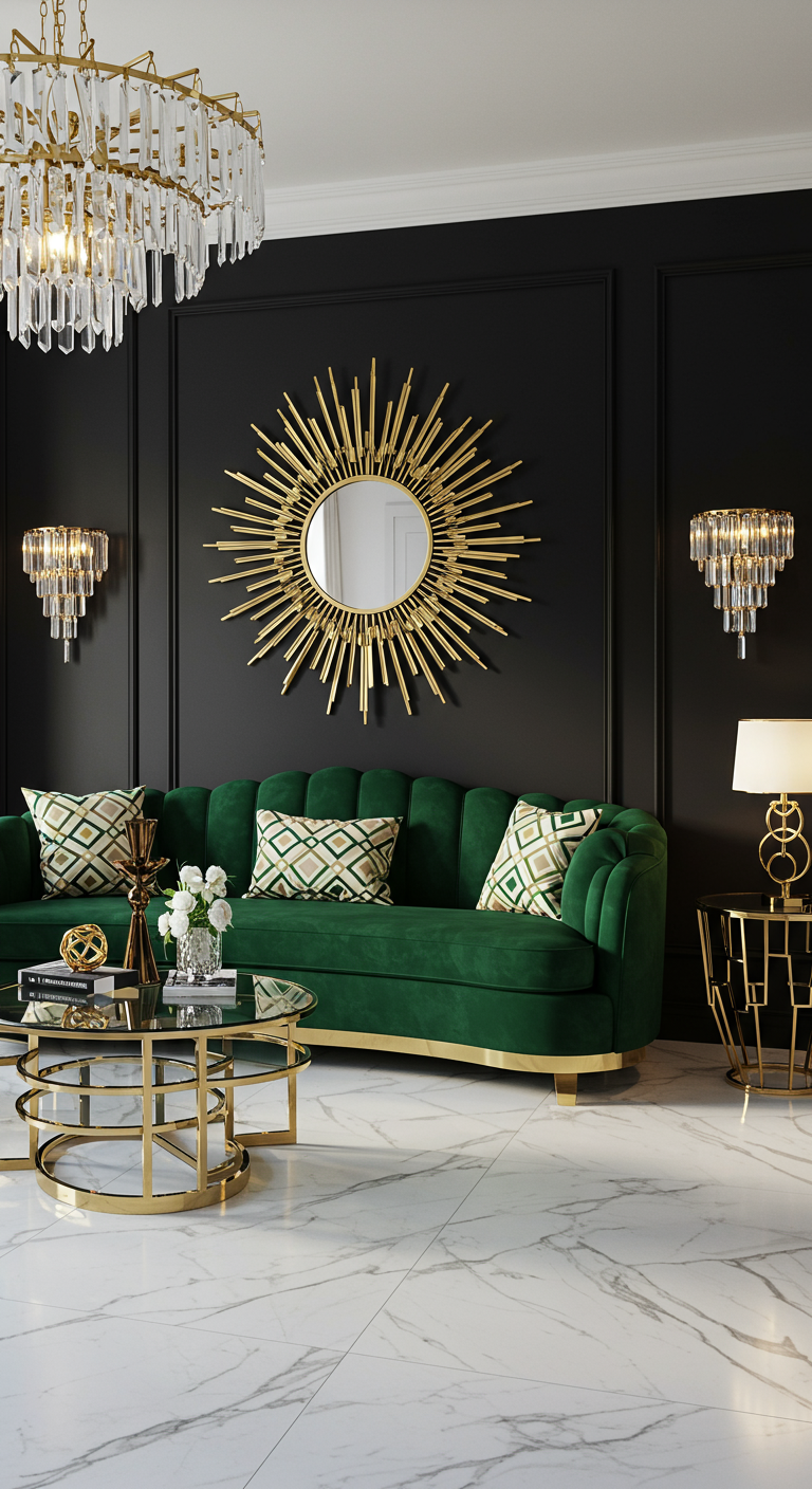 Zwarte muur met gouden zonnespiegel en groene fluwelen bank.