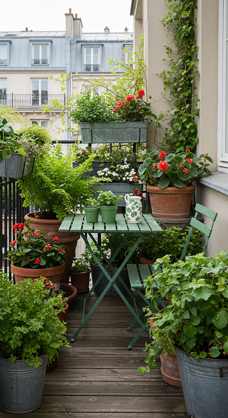 Balkon vol groene planten in potten rondom een groene Franse bistroset.