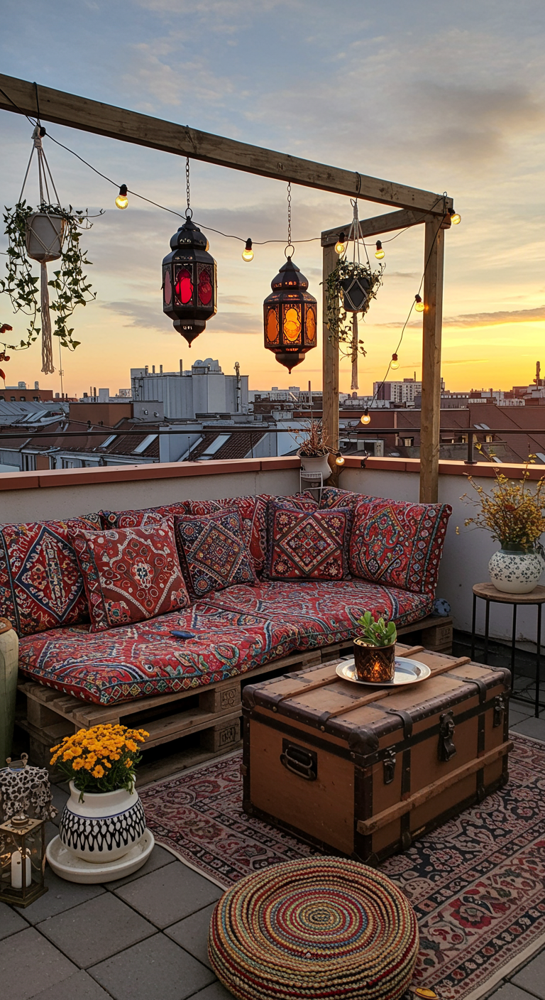 Bohemian dakterras met palletbank, kleurrijke kussens, kleden, lantaarns en zonsondergang.