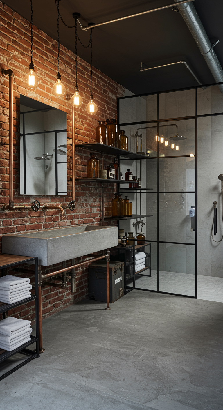 Industriële badkamerkraan van koperen leidingen tegen een bakstenen muur.