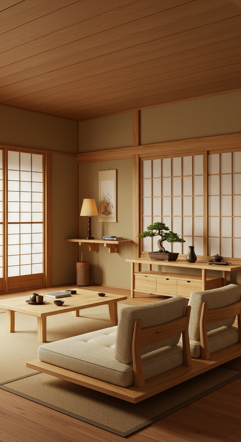 Japandi-stijl woonkamer met lage lichte houten meubels, shoji schermen en bonsai.
