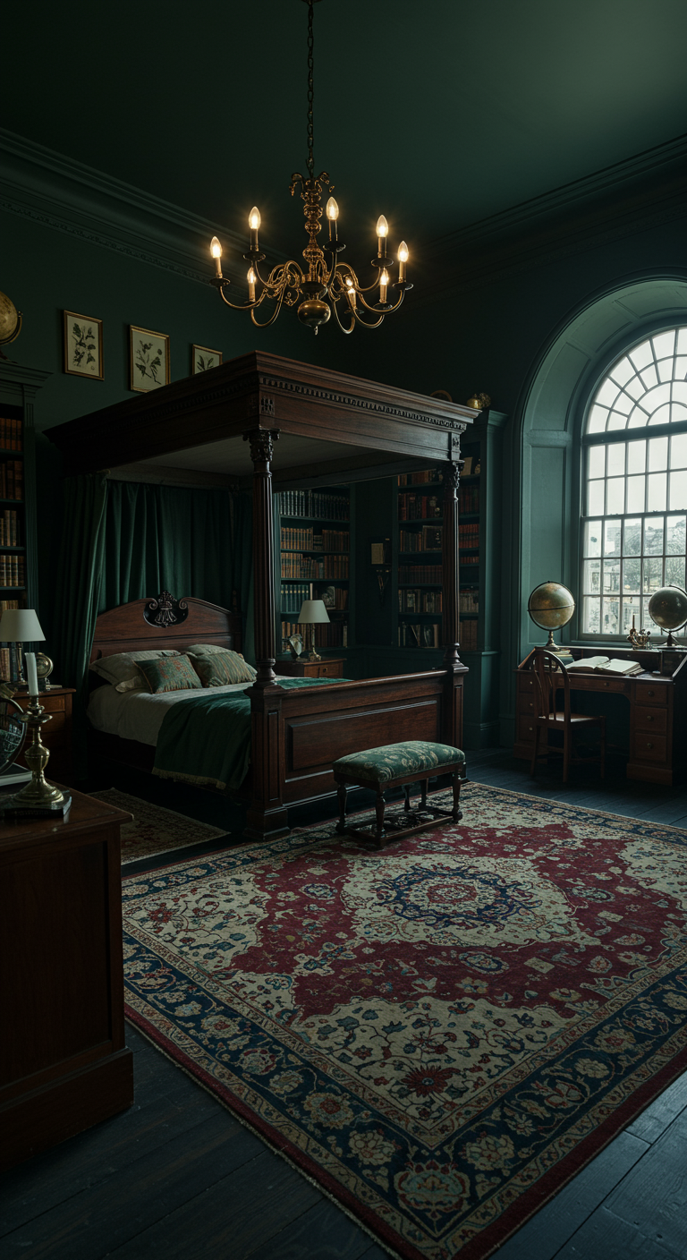 Donkergroene klassieke slaapkamer met hemelbed, boekenkasten en kroonluchter.