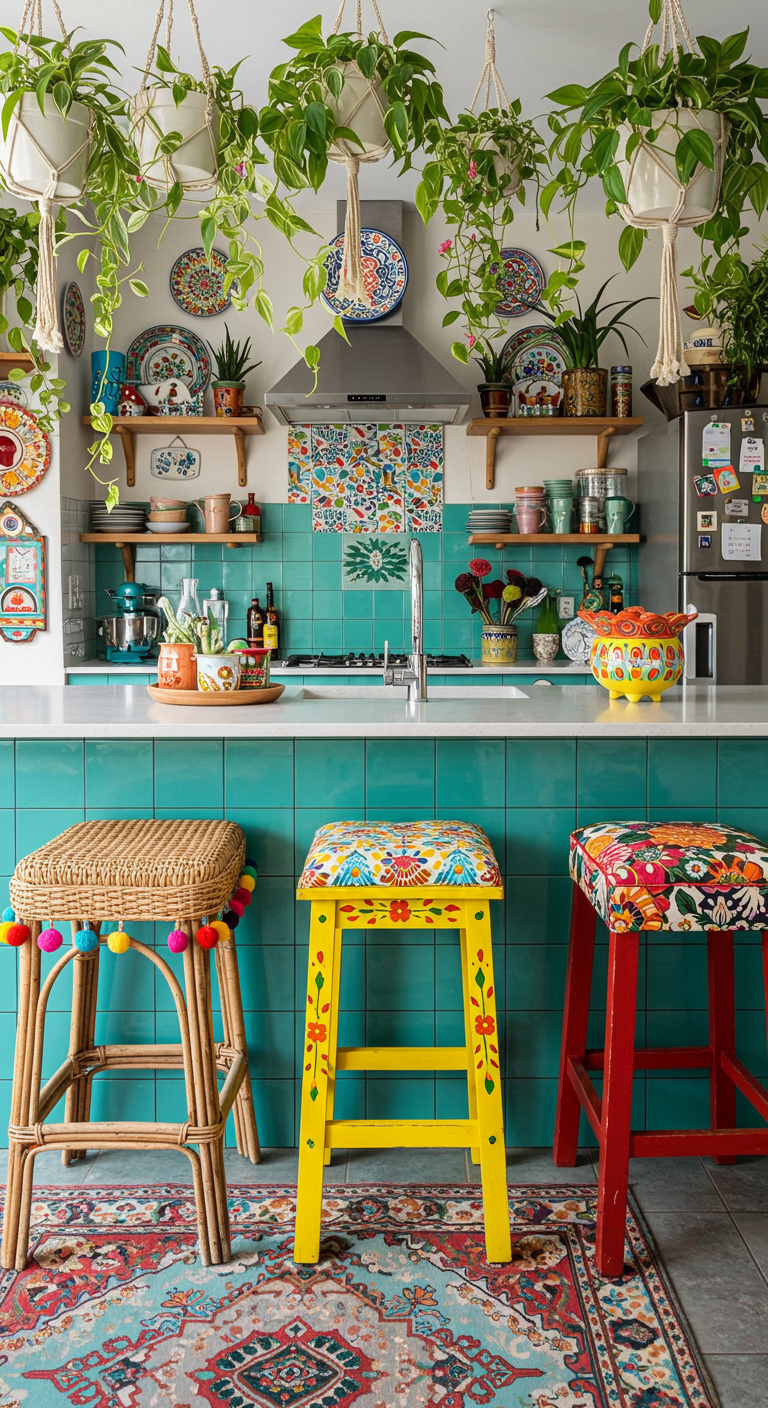 Bohemian keuken met drie verschillende, kleurrijke barkrukken aan een turquoise betegeld eiland.