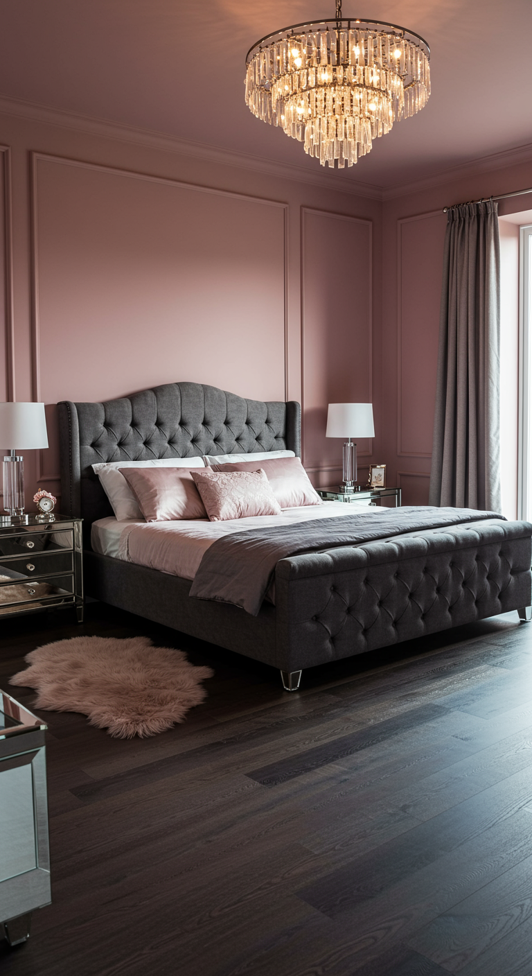 Elegante slaapkamer met oudroze muren, grijs gestoffeerd bed en kristallen kroonluchter.