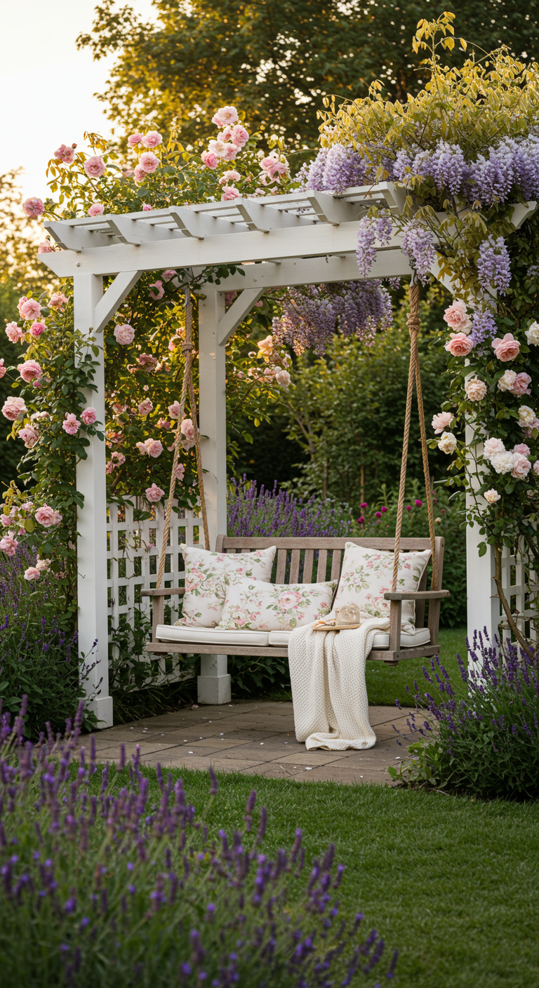 Houten schommelbank onder een witte pergola begroeid met roze rozen en blauweregen.