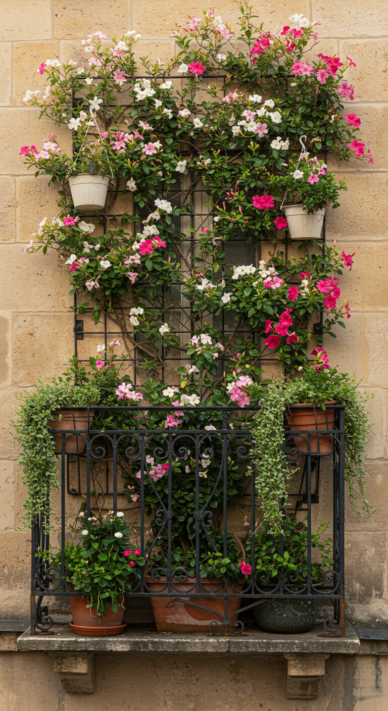 Balkonrailing en muurtrellis vol met roze en witte bloeiende klimplanten en hangplanten.
