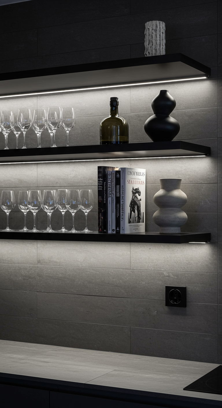Moderne donkere wandplanken met LED-verlichting, wijnglazen, kookboeken en decoratieve vazen.
