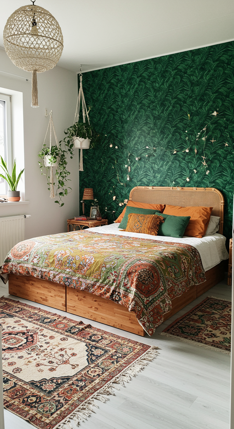 Slaapkamer met groen bladmotief behang, rotan hoofdbord en kleurrijke details.