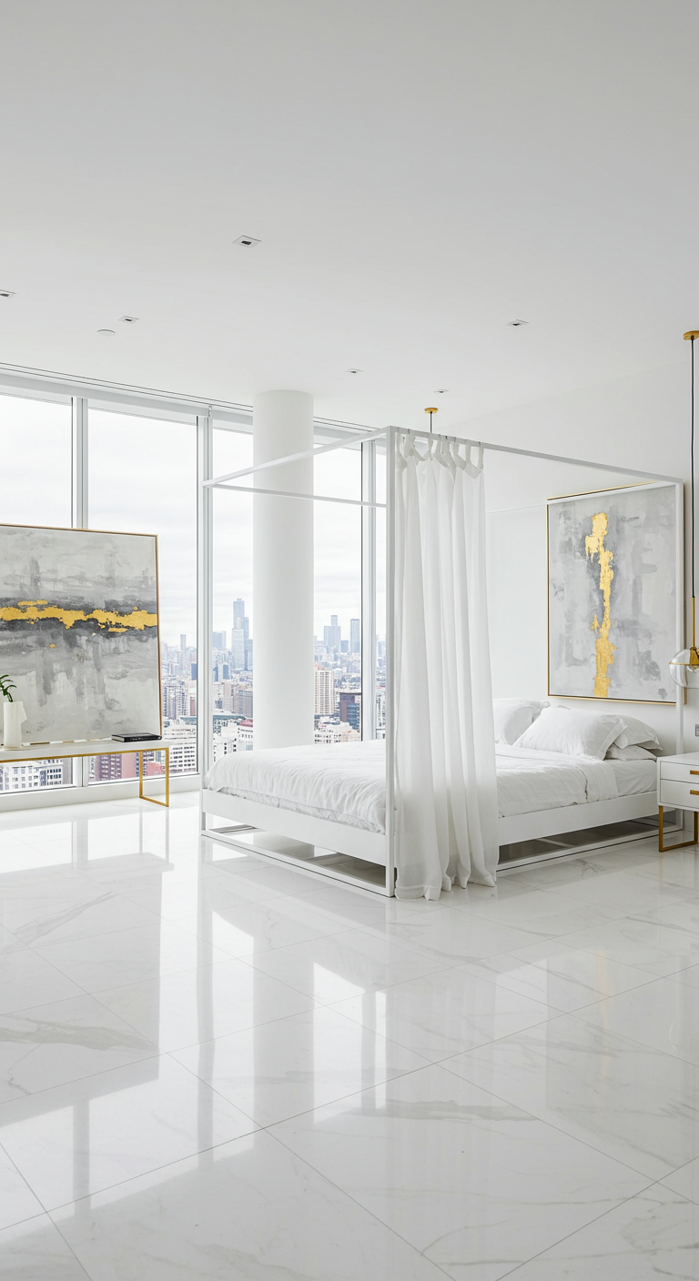 Moderne witte slaapkamer met wit hemelbed, gouden accenten en grote ramen.