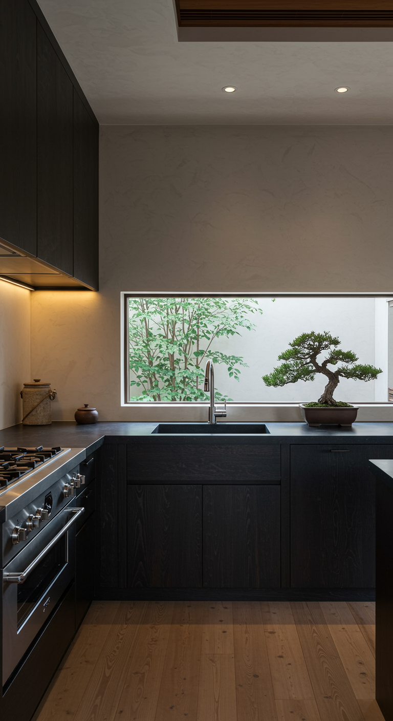 Donkere minimalistische keuken met groot raam en bonsai op aanrecht.