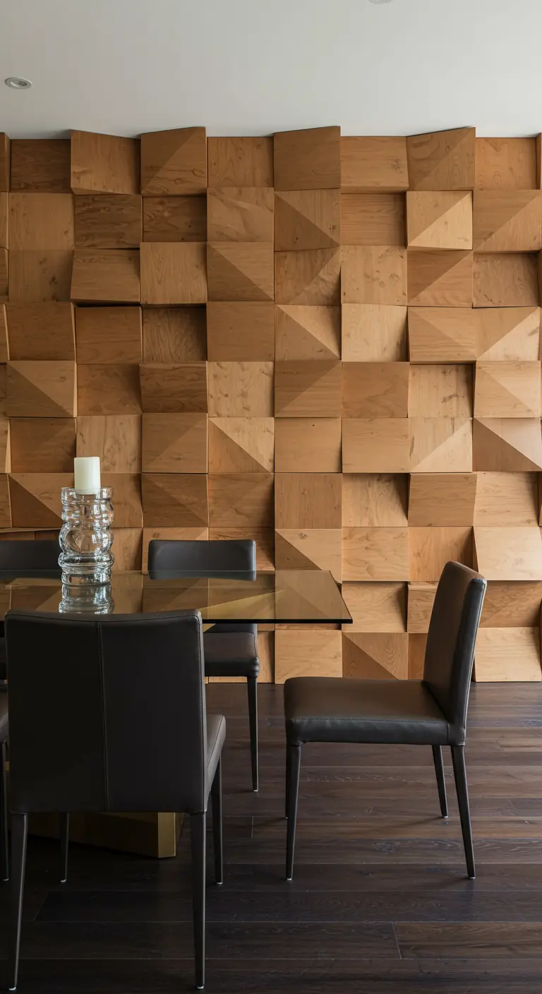 Eetkamer met houten 3D wandpanelen achter glazen eettafel