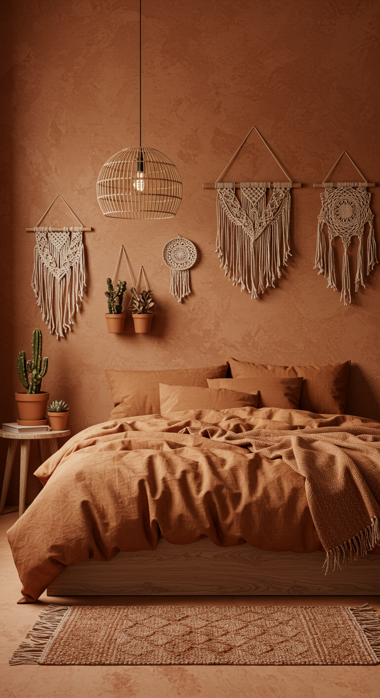 Terracotta slaapkamer met macramé wandhangers, cactussen en rotan lamp.