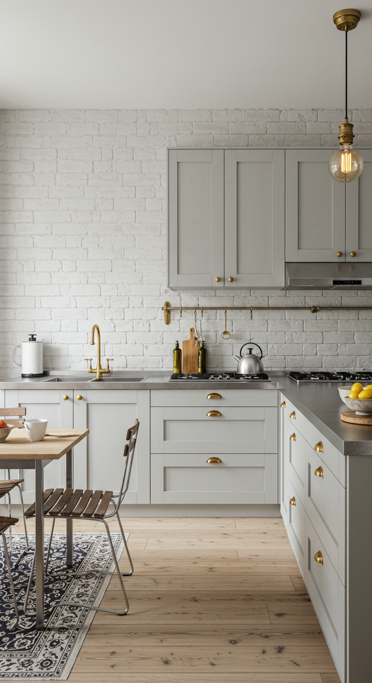 Minimalistische grijze keuken met witte bakstenen muur en messing details.
