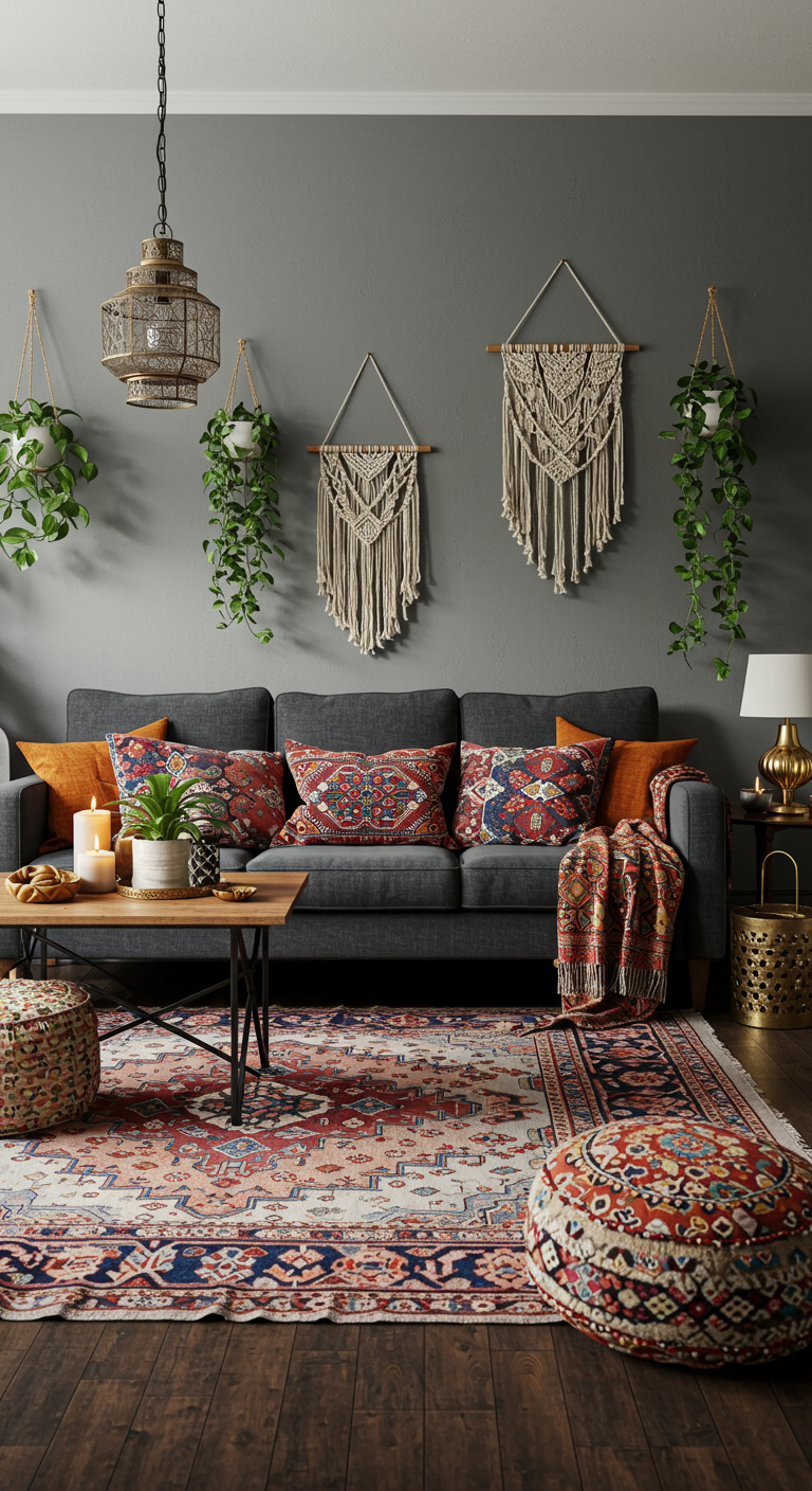 Bohemian woonkamer met grijze bank, kleurrijke textiel en planten.