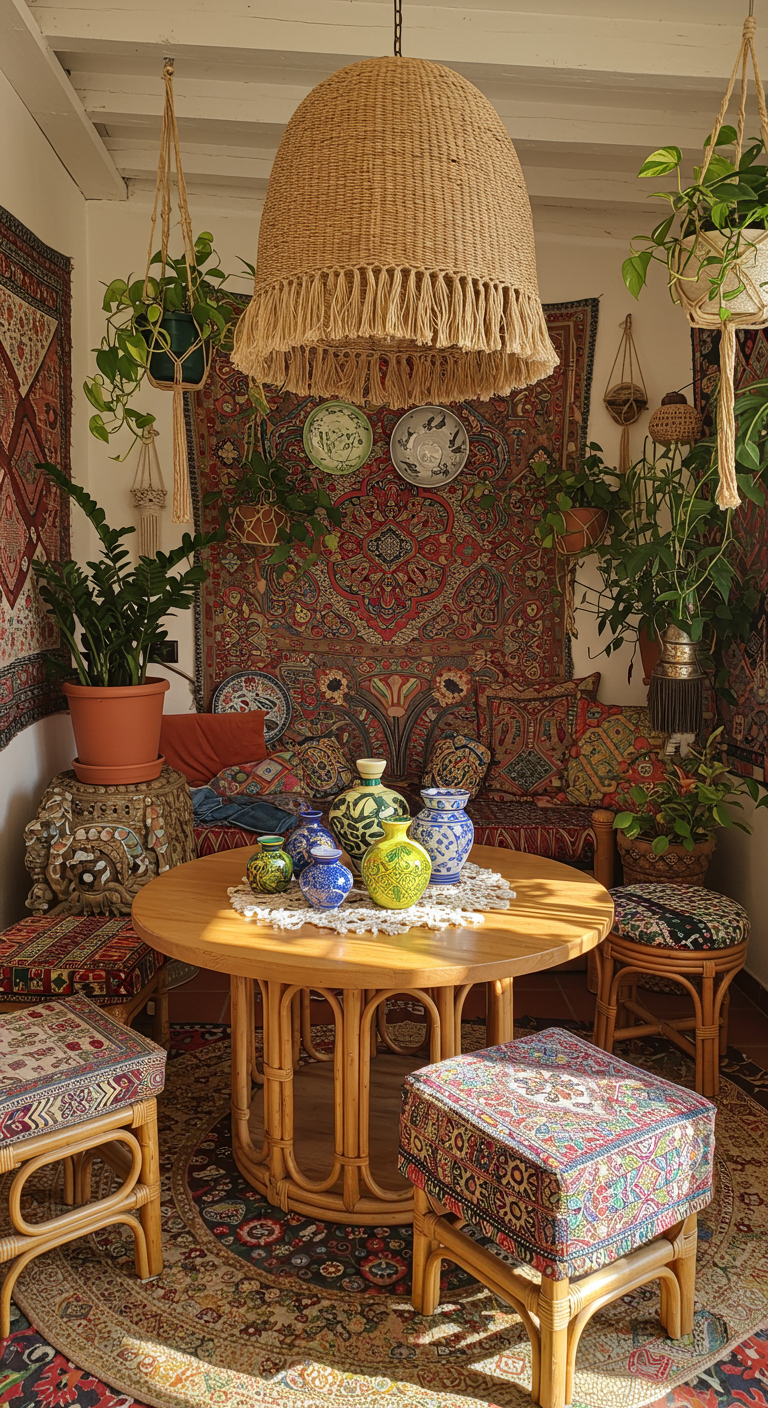 Bohemian eethoek met ronde rotan tafel, kleurrijke kleden, planten en rotan lamp.