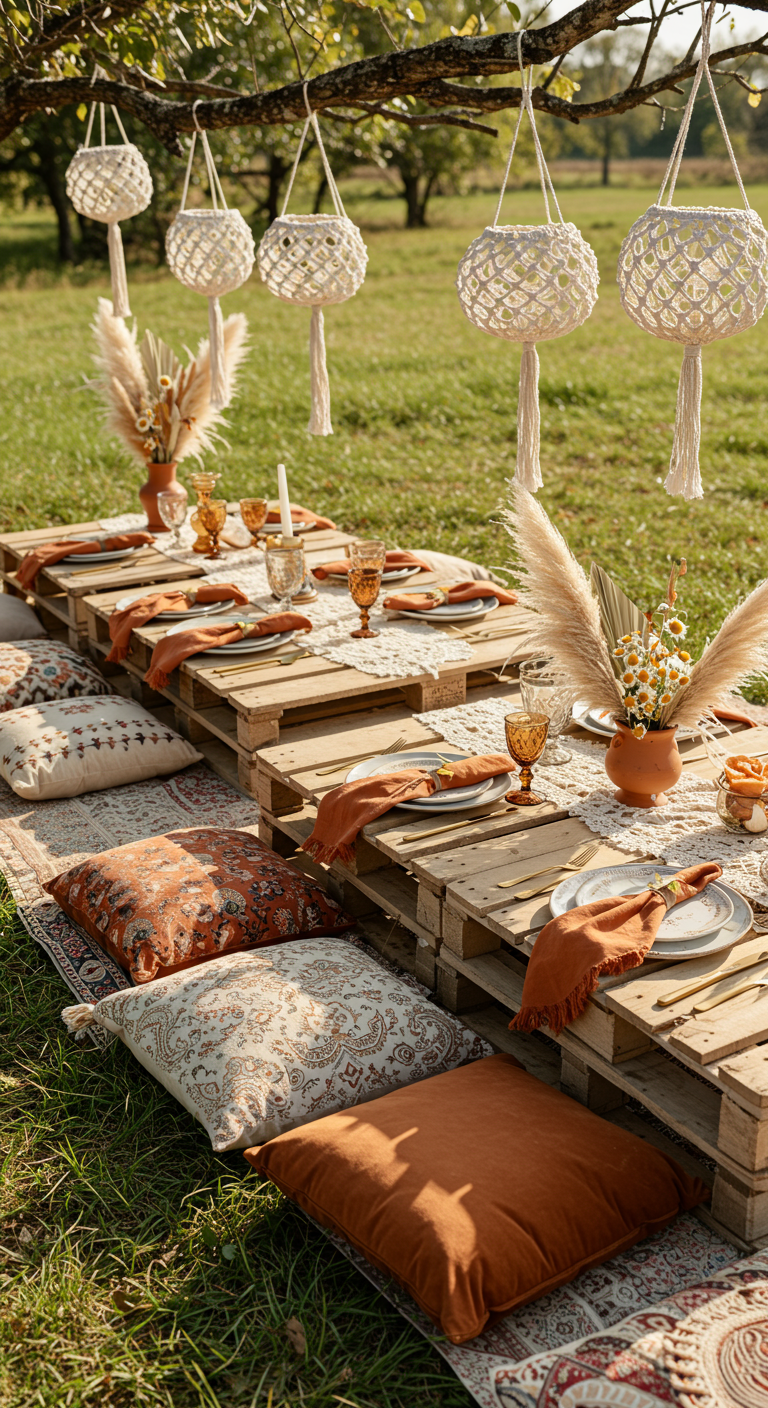 Boho picknicktafel met oranje servetten en kussens.