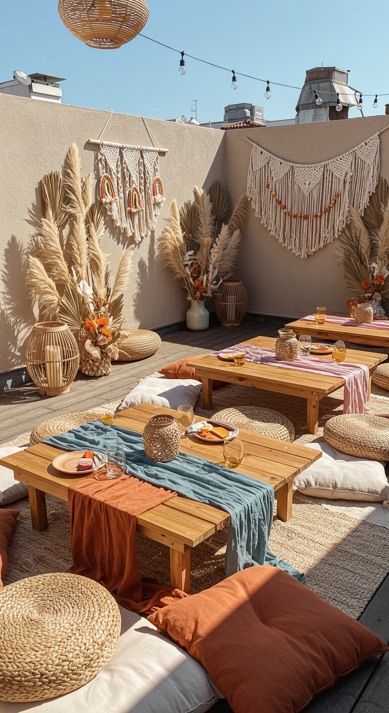Bohemian dakterras met lage houten tafels, kussens en lopers in aardse regenboogkleuren.