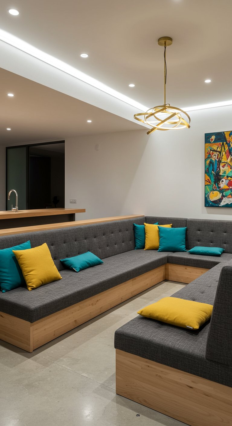 Moderne woonkamer met een grote, grijze ingebouwde U-bank en kleurrijke kussens.