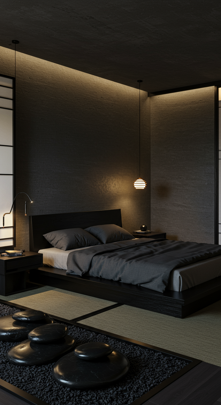 Donkere Japanse slaapkamer met stenen details, laag bed en sfeerverlichting.