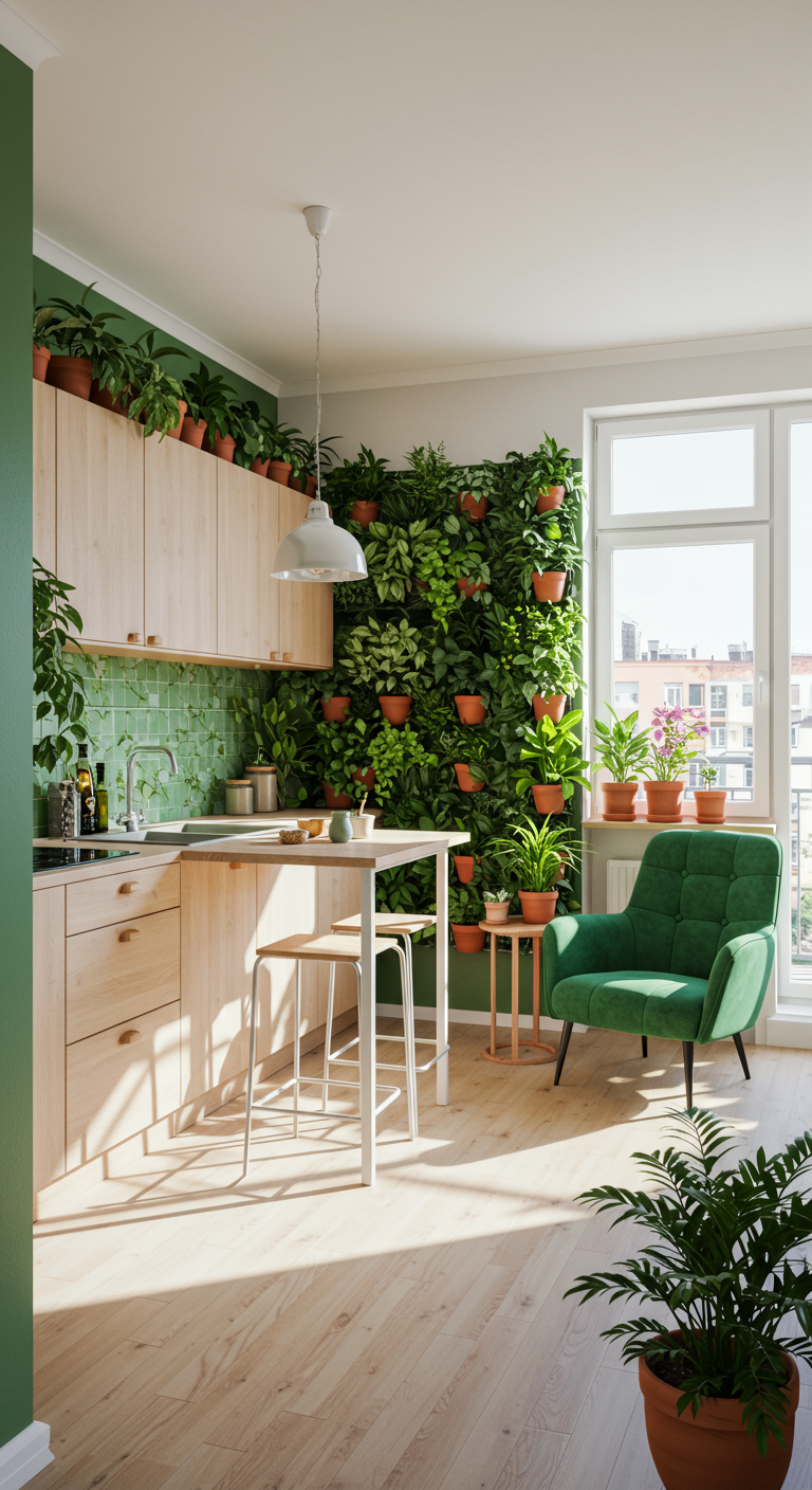 Lichte keuken met een grote groene plantenwand en houten kasten.
