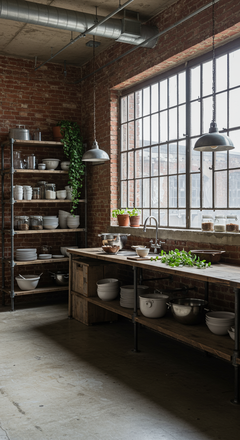 Industriële keuken met hoge metalen wandrekken vol servies tegen een bakstenen muur.