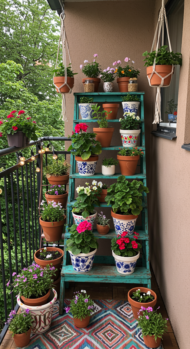 Turquoise geverfde houten ladder gebruikt als plantenrek vol met bloeiende planten op een balkon.