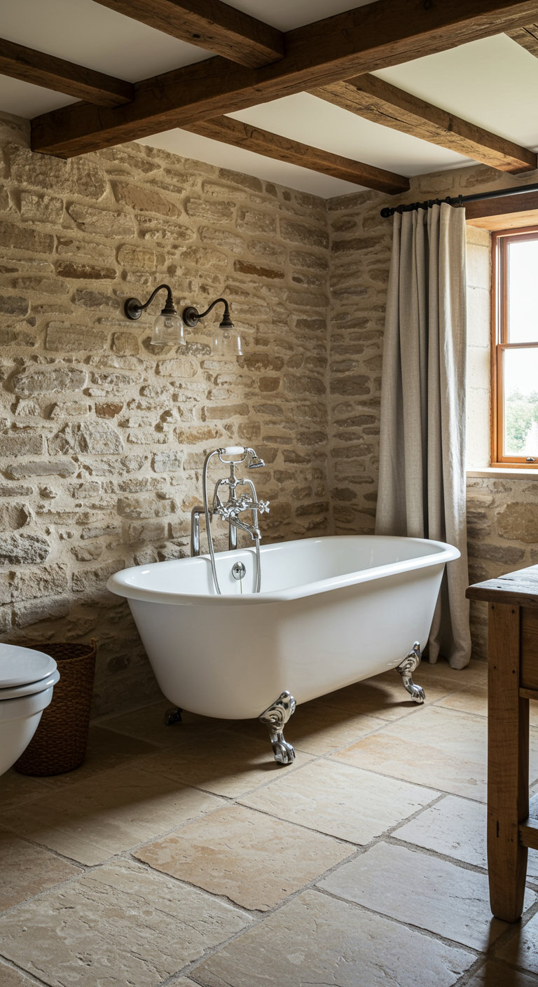 Rustieke badkamer met natuurstenen muur, houten balken en vrijstaand bad op pootjes.