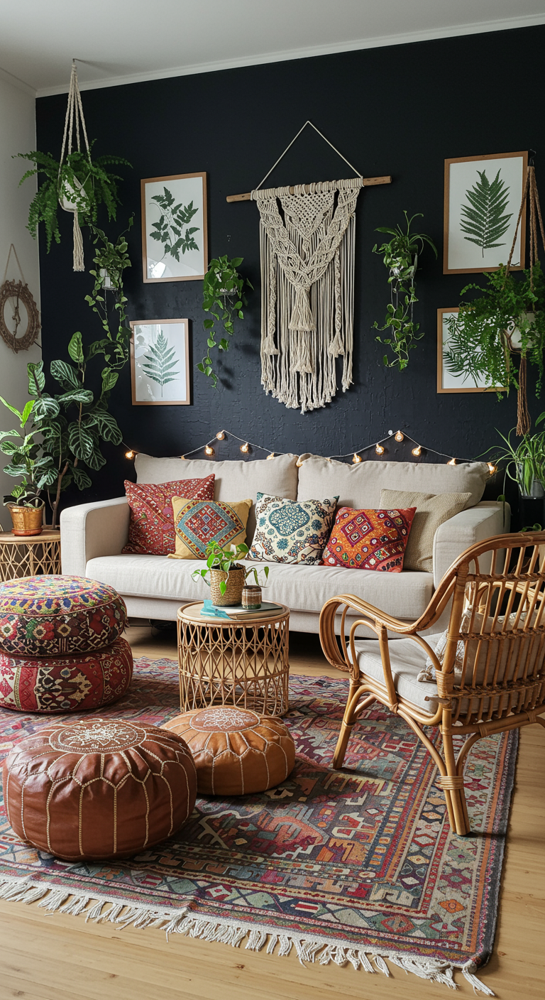 Bohemian woonkamer met zwarte muur, veel planten en rotan meubels.