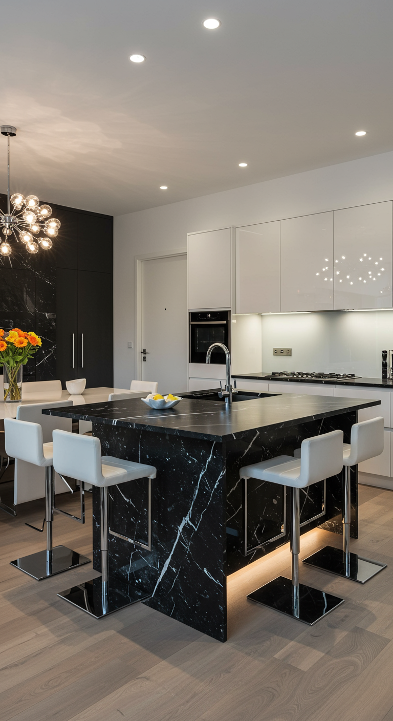 Moderne keuken met zwart marmeren eiland en witte, strakke barkrukken.