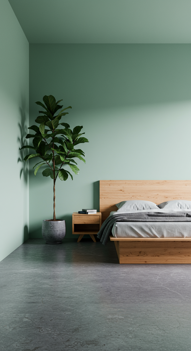 Minimalistische slaapkamer met mintgroene muren en een grote vioolbladplant.