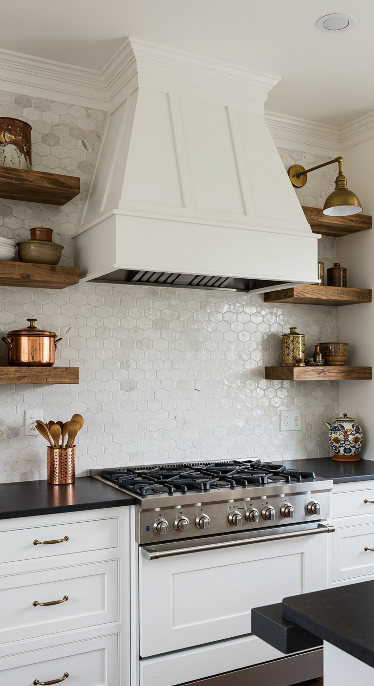 Witte keuken met houten open planken, hexagon tegels en koperen details.
