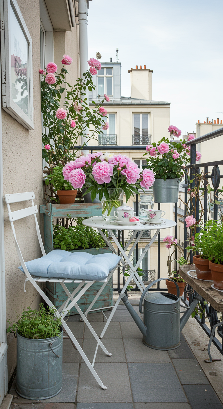 Witte bistroset met lichtblauw kussen, roze pioenen en zinken emmers op balkon.