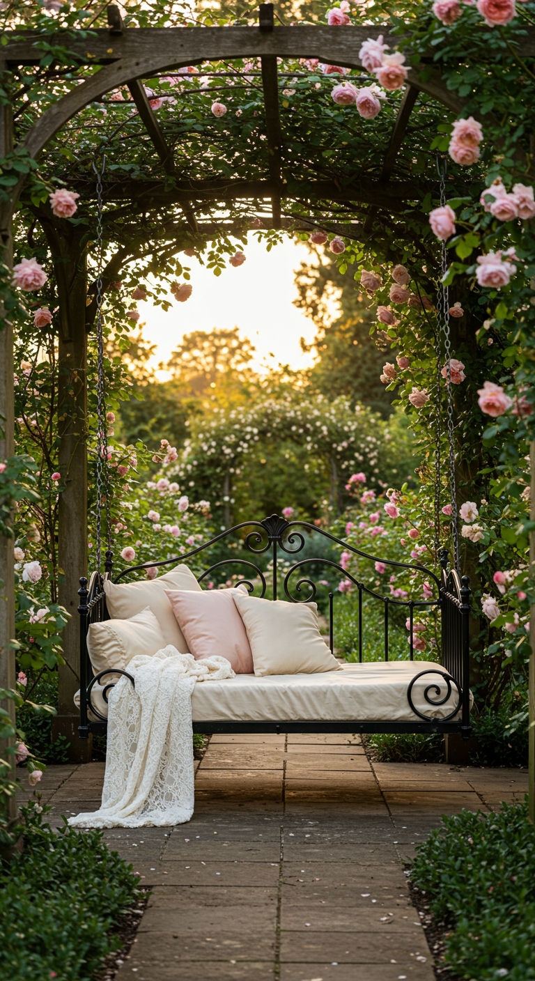 Zwart smeedijzeren schommelbed met zachte kussens en plaid, onder een pergola begroeid met roze rozen.
