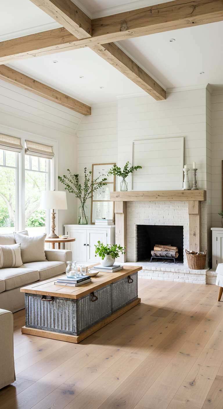 Farmhouse woonkamer met lichte houten balken, witte bakstenen haard en metalen kist salontafel.