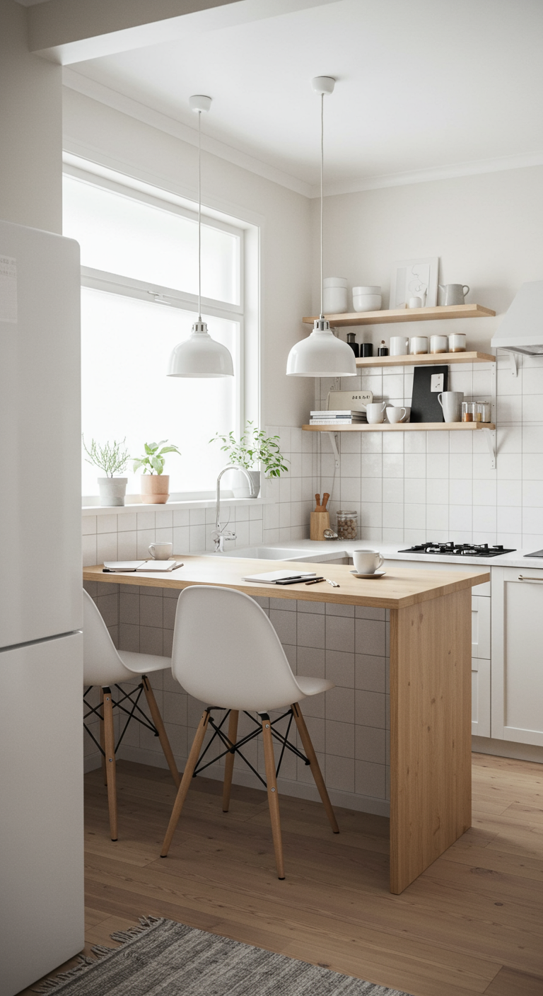 Licht houten barretje als werkplek in Scandinavische keuken met witte stoelen en plantjes.