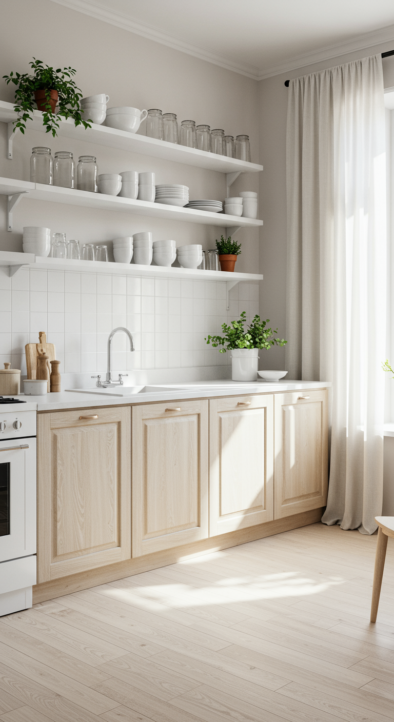 Lichte keuken met houten onderkasten en witte open planken met wit servies.