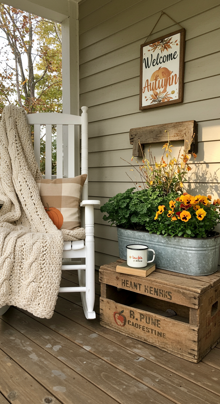 Witte schommelstoel op veranda met gebreid plaid, pompoen en herfstbloemen in zinken bak.