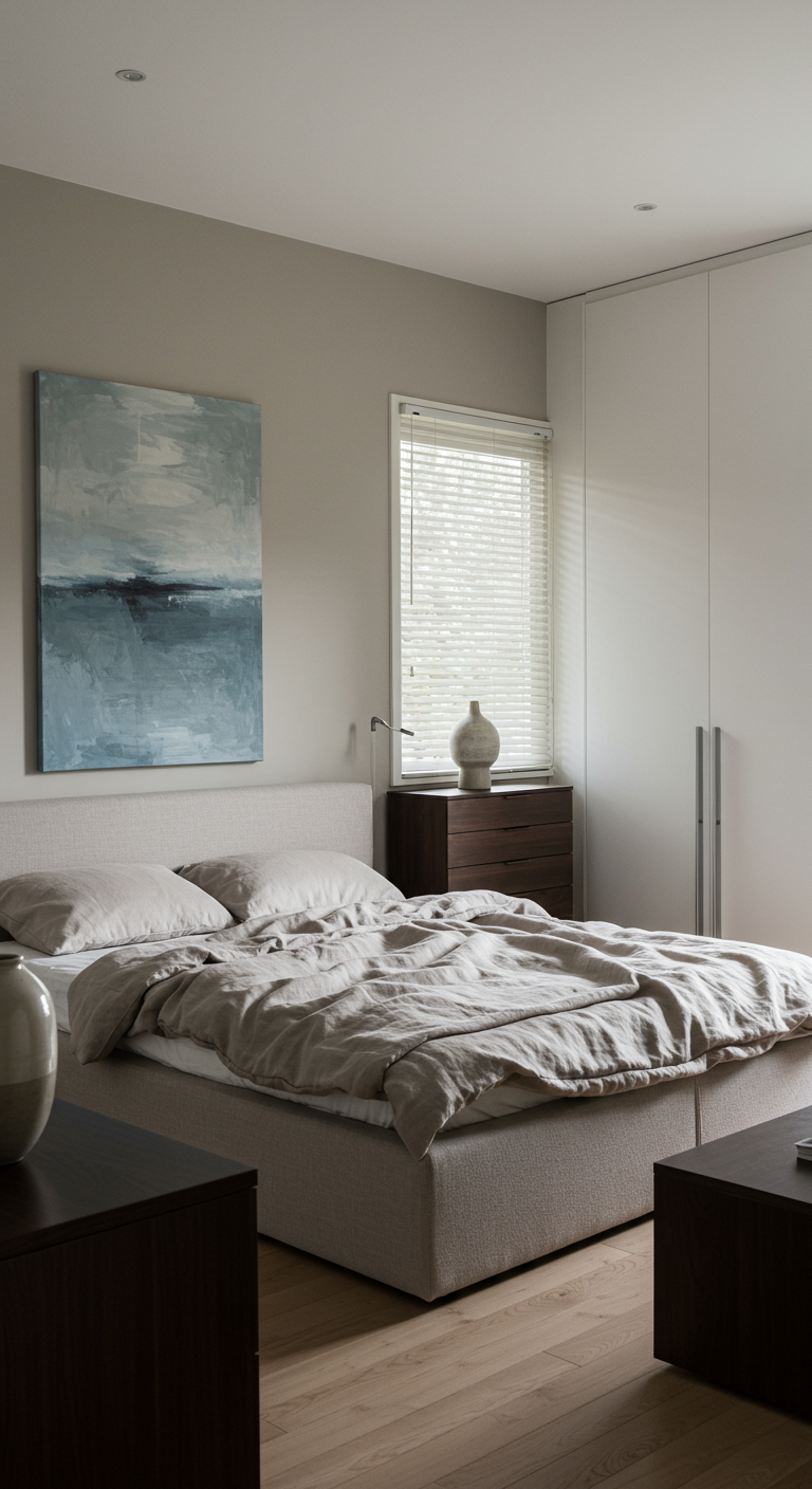 Minimalistische slaapkamer in beige tinten met groot abstract schilderij en linnen beddengoed.