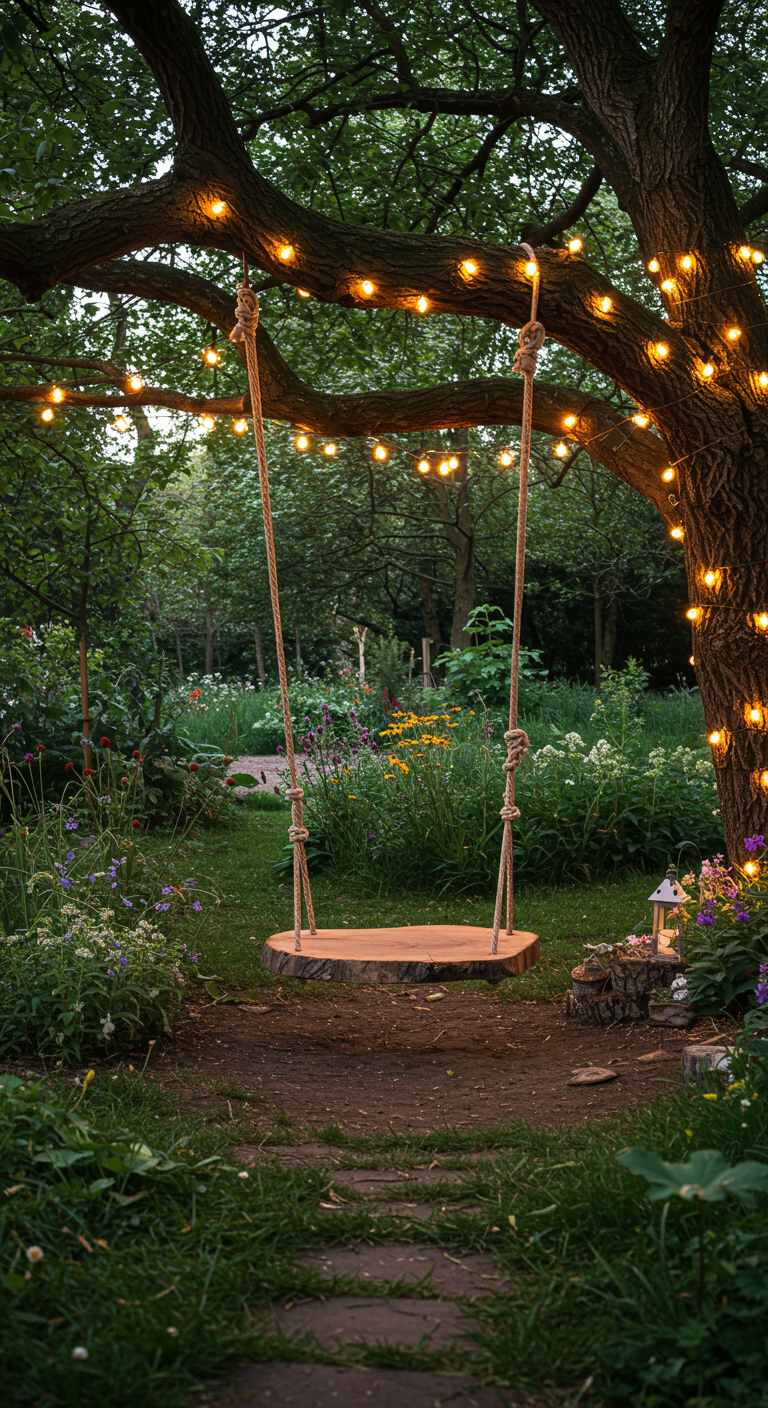 Houten schijf als schommel aan boom met lichtjesslinger in avondtuin.