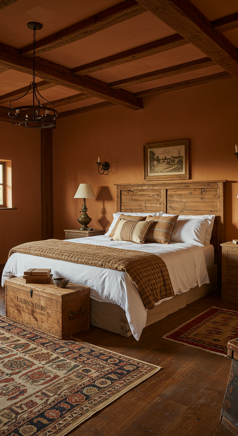 Rustieke slaapkamer met terracotta muren, houten balken en bed met geruite sprei.
