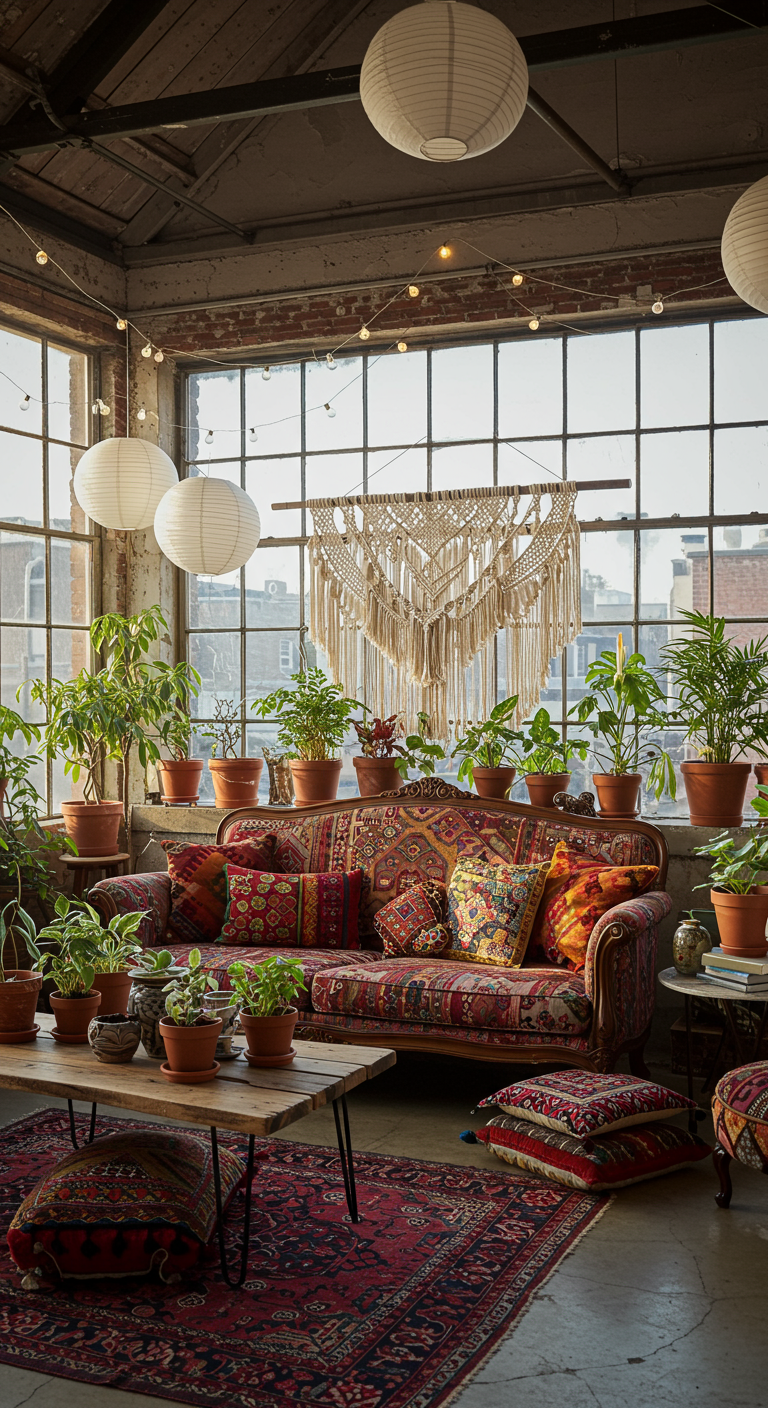 Bohemian woonkamer vol planten, vintage bank met patronen en macramé wandkleed.