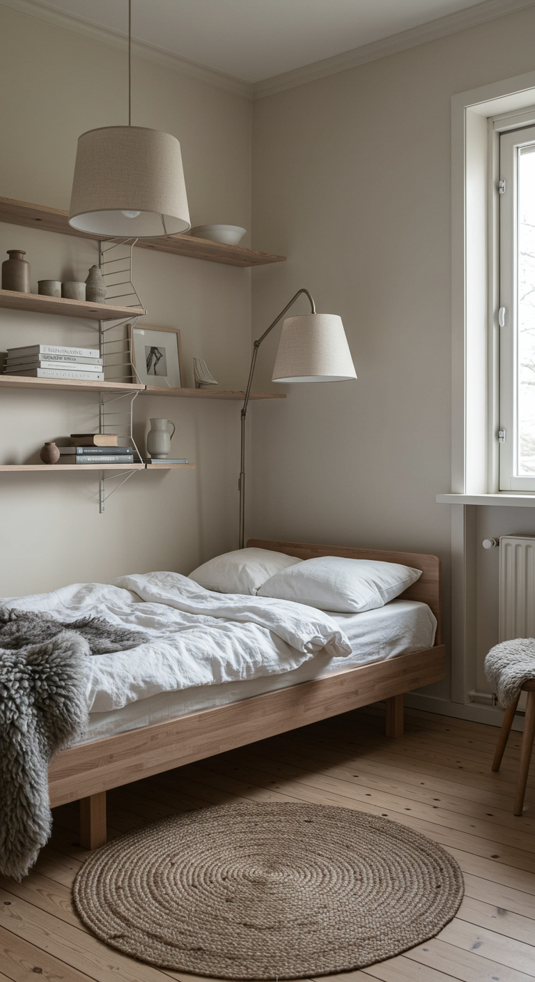 Witte slaapkamer met houten bed, wandplanken, en beige en grijze accenten.